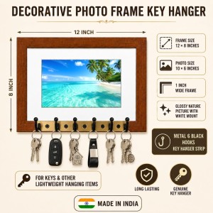 Decorative Wooden Photo Frame Key Hanger With Nature Picture, 12 X 8 Inch Wall Key Holder, 10 X 6 Inch Glossy Photo Frame, 6 Metal Hooks, Home Entrance Decor, Made In India (F38620)