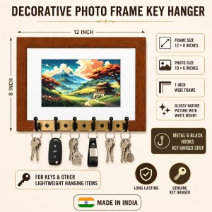 Decorative Wooden Photo Frame Key Hanger With Nature Picture, 12 X 8 Inch Wall Key Holder, 10 X 6 Inch Glossy Photo Frame, 6 Metal Hooks, Home Entrance Decor, Made In India (F38815)
