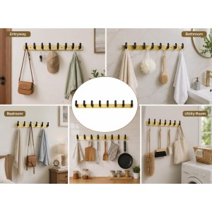 8 Hook Wall Mounted Coat & Towel Hanger Rack | Stainless Steel Heavy Duty Multipurpose Hook Rail | Bathroom, Kitchen, Bedroom & Entryway Organizer | Includes 4 Mounting Screws | Gold & Black