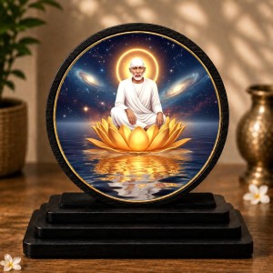 Car Dashboard Wooden Lord Sai Baba Showpiece | 4 X 4.5 Inch Sublimation Printed Decorative Stand | 4 Mm MDF | Home Decor | Made in India (F33718)