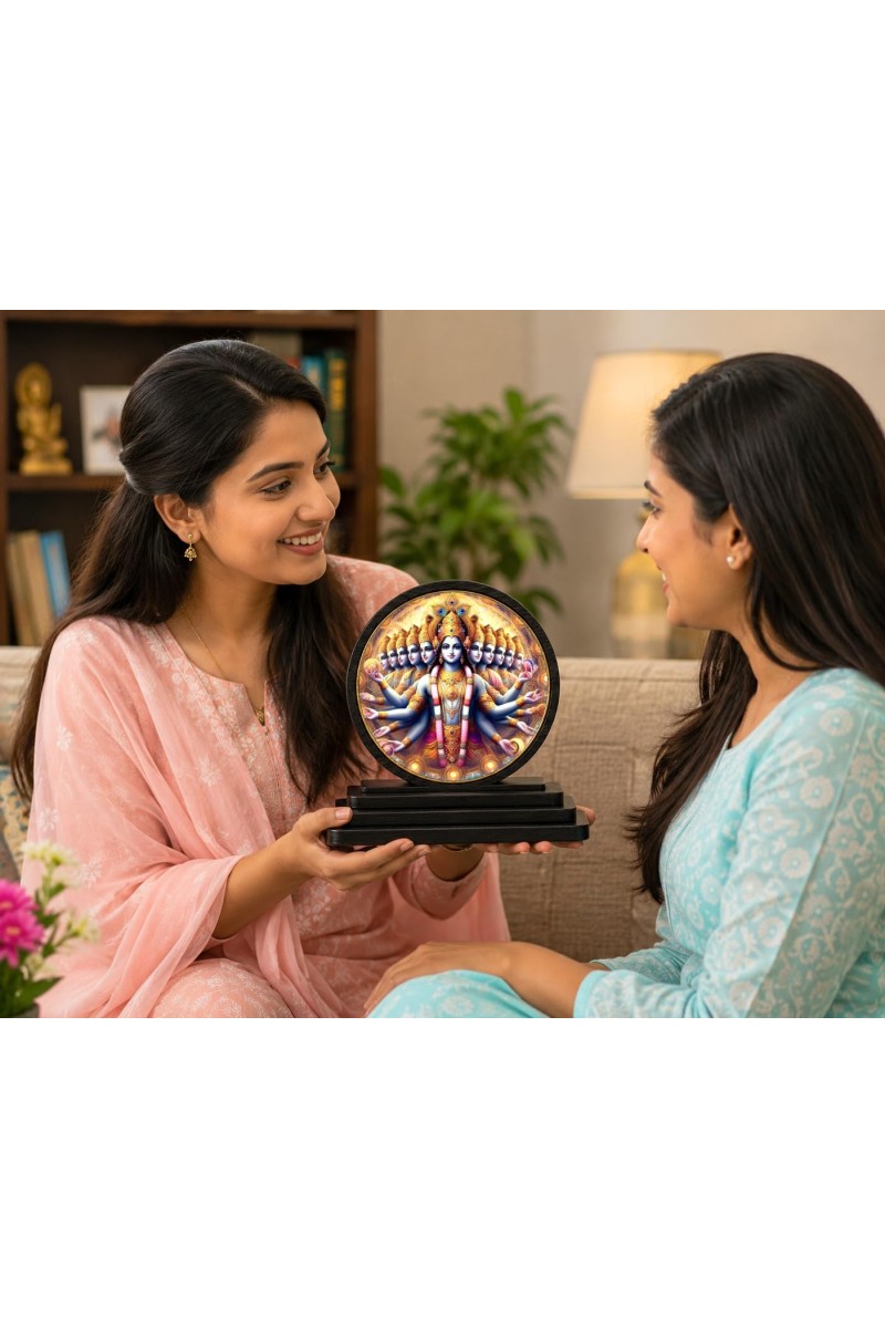 Car Dashboard Wooden Lord Vishnu Vishwaroopam Showpiece | 4 X 4.5 Inch Sublimation Printed Decorative Stand | 4 Mm MDF | Home Decor | Made in India (F33726)