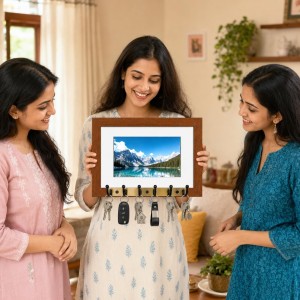 Decorative Wooden Photo Frame Key Hanger With Nature Picture, 12 X 8 Inch Wall Key Holder, 10 X 6 Inch Glossy Photo Frame, 6 Metal Hooks, Home Entrance Decor, Made In India (F38839) Decorative Wooden Photo Frame Key Hanger With Nature Picture, 12 X 8 Inch Wall Key Holder, 10 X 6 Inch Glossy Photo Frame, 6 Metal Hooks, Home Entrance Decor, Made In India (F38839)