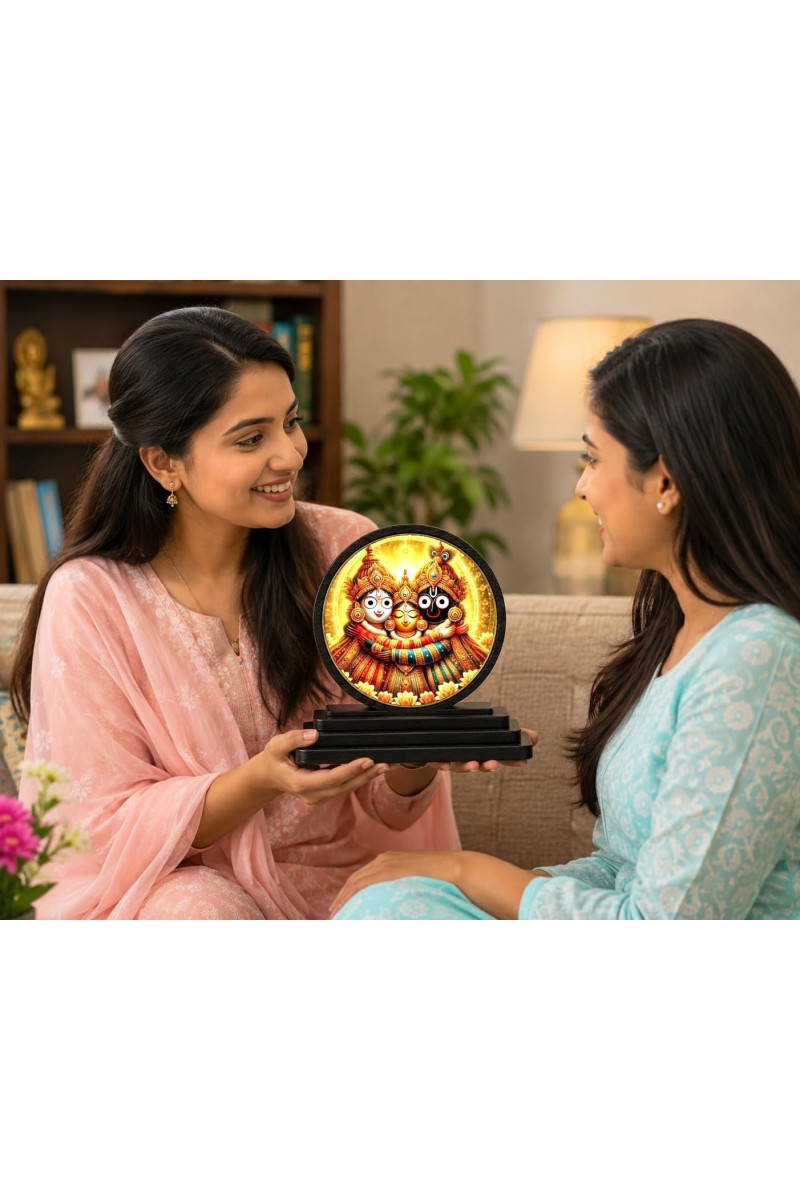 Car Dashboard Wooden Lord Jagannath, Balabhadra and Subhadra Showpiece | 4 X 4.5 Inch Sublimation Printed Decorative Stand | 4 Mm MDF | Home Decor | Made in India (F33252)