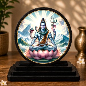 Car Dashboard Wooden Lord Shiva Showpiece | 4 X 4.5 Inch Sublimation Printed Decorative Stand | 4 Mm MDF | Home Decor | Made in India (F33656)
