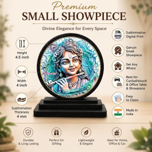 Car Dashboard Wooden Lord Krishna Showpiece | 4 X 4.5 Inch Sublimation Printed Decorative Stand | 4 Mm MDF | Home Decor | Made in India (F33320)