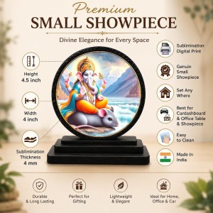 Car Dashboard Wooden Lord Ganesha Showpiece | 4 X 4.5 Inch Sublimation Printed Decorative Stand | 4 Mm MDF | Home Decor | Made in India (F33365)