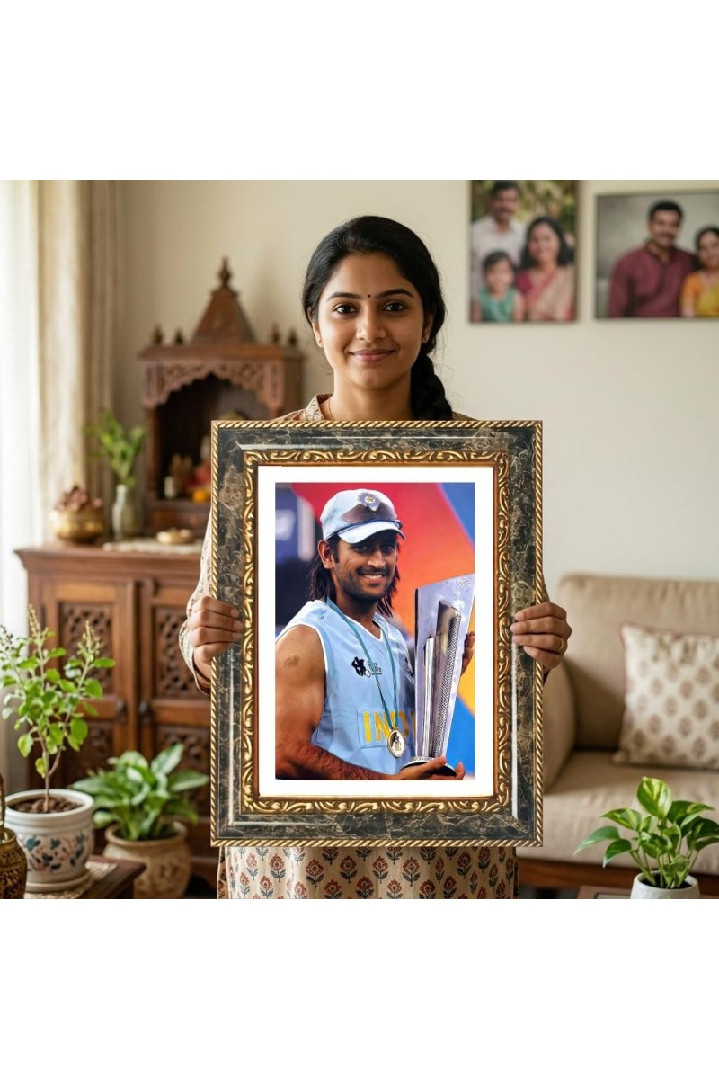 MS Dhoni Decorative Photo Frame With White Mount | Premium Wall & Tabletop Picture Frame | Home, Office & Temple Decoration | 10x14 Inch (Pack Of 1) (F31512)