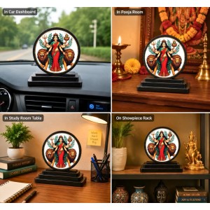 Car Dashboard Wooden Goddess Durga Showpiece | 4 X 4.5 Inch Sublimation Printed Decorative Stand | 4 Mm MDF | Home Decor | Made in India (F33453)