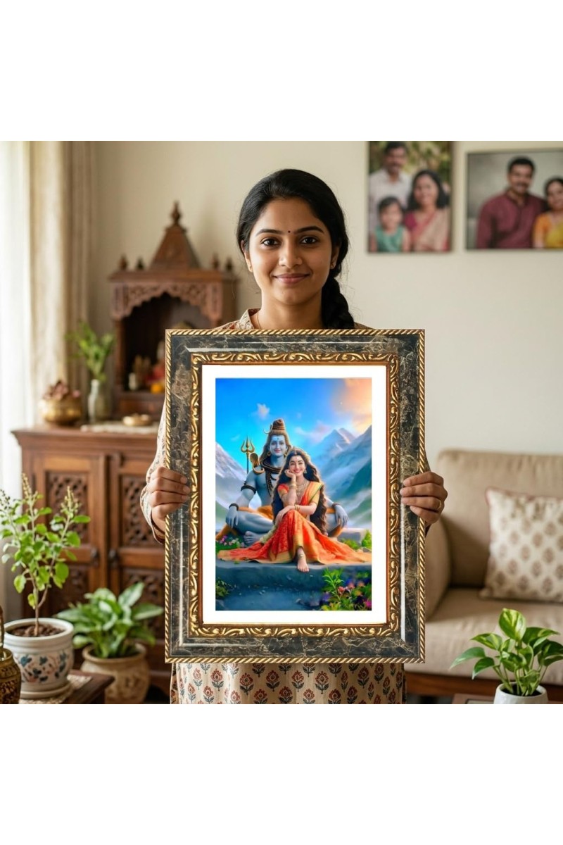 Shiva And Parvati Decorative Photo Frame With White Mount | Premium Wall & Tabletop Picture Frame | Home, Office & Temple Decoration | 10x14 Inch (Pack Of 1) (F31124)
