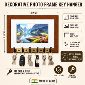Decorative Wooden Photo Frame Key Hanger With Nature Picture, 12 X 8 Inch Wall Key Holder, 10 X 6 Inch Glossy Photo Frame, 6 Metal Hooks, Home Entrance Decor, Made In India (F38706) Decorative Wooden Photo Frame Key Hanger With Nature Picture, 12 X 8 Inch Wall Key Holder, 10 X 6 Inch Glossy Photo Frame, 6 Metal Hooks, Home Entrance Decor, Made In India (F38706)