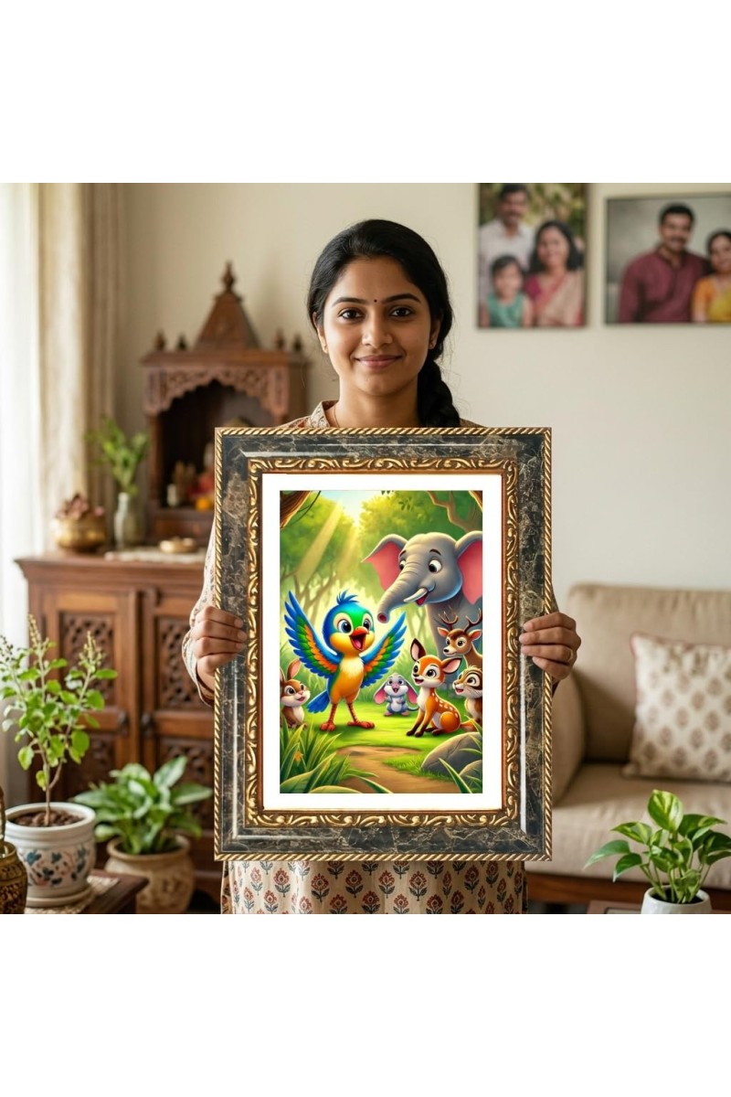 Vibrant Jungle Animal Scene. Decorative Photo Frame With White Mount | Premium Wall & Tabletop Picture Frame | Home, Office & Temple Decoration | 8x12 Inch (Pack Of 1) (F32686)
