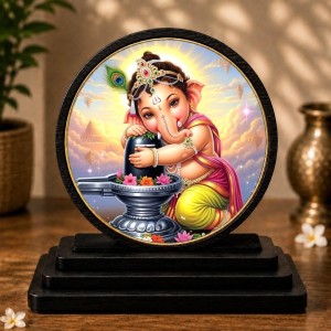 Car Dashboard Wooden Bal Ganesha Hugging A Shiva Lingam Showpiece | 4 X 4.5 Inch Sublimation Printed Decorative Stand | 4 Mm MDF | Home Decor | Made in India (F33480)