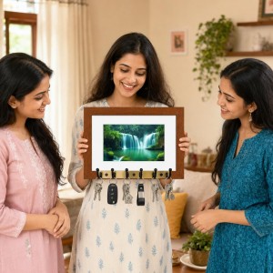 Decorative Wooden Photo Frame Key Hanger With Nature Picture, 12 X 8 Inch Wall Key Holder, 10 X 6 Inch Glossy Photo Frame, 6 Metal Hooks, Home Entrance Decor, Made In India (F38784)