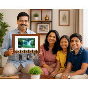 Decorative Wooden Photo Frame Key Hanger With Nature Picture, 12 X 8 Inch Wall Key Holder, 10 X 6 Inch Glossy Photo Frame, 6 Metal Hooks, Home Entrance Decor, Made In India (F38784)