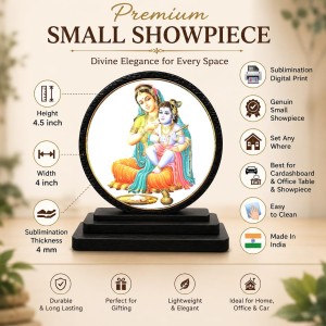 Car Dashboard Wooden Bal Krishna with MATA Yashoda Showpiece | 4 X 4.5 Inch Sublimation Printed Decorative Stand | 4 Mm MDF | Home Decor | Made in India (F33449)