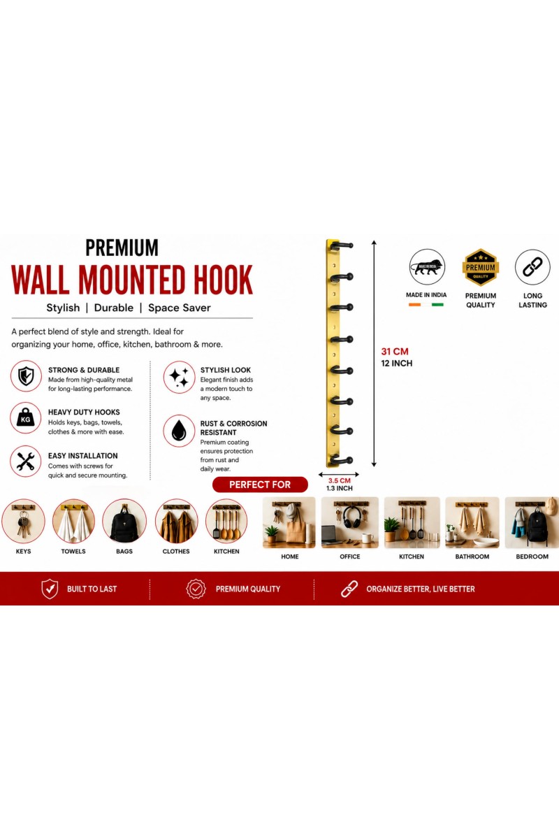 8 Hook Wall Mounted Coat & Towel Hanger Rack | Stainless Steel Heavy Duty Multipurpose Hook Rail | Bathroom, Kitchen, Bedroom & Entryway Organizer | Includes 4 Mounting Screws | Gold & Black