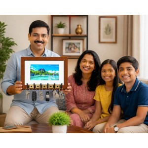 Decorative Wooden Photo Frame Key Hanger With Nature Picture, 12 X 8 Inch Wall Key Holder, 10 X 6 Inch Glossy Photo Frame, 6 Metal Hooks, Home Entrance Decor, Made In India (F38848)