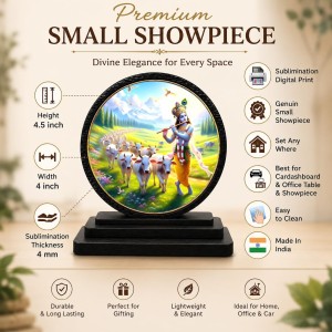 Car Dashboard Wooden Lord Krishna Showpiece | 4 X 4.5 Inch Sublimation Printed Decorative Stand | 4 Mm MDF | Home Decor | Made in India (F33683)