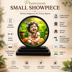Car Dashboard Wooden Little Krishna Showpiece | 4 X 4.5 Inch Sublimation Printed Decorative Stand | 4 Mm MDF | Home Decor | Made in India (F33331)
