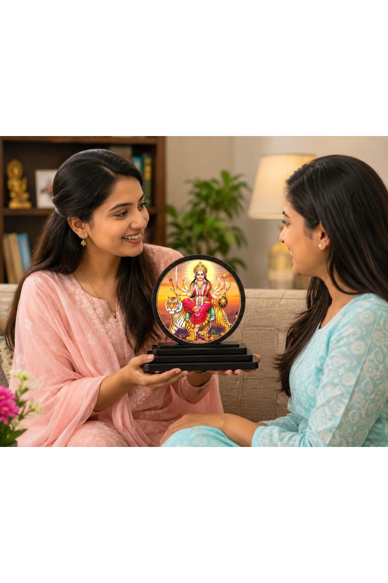 Car Dashboard Wooden Goddess Durga Showpiece | 4 X 4.5 Inch Sublimation Printed Decorative Stand | 4 Mm MDF | Home Decor | Made in India (F33455)