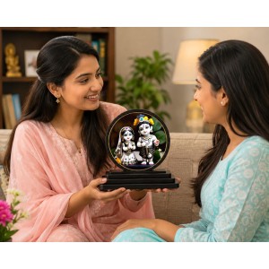 Car Dashboard Wooden Radhe Krishna Showpiece | 4 X 4.5 Inch Sublimation Printed Decorative Stand | 4 Mm MDF | Home Decor | Made in India (F33483)