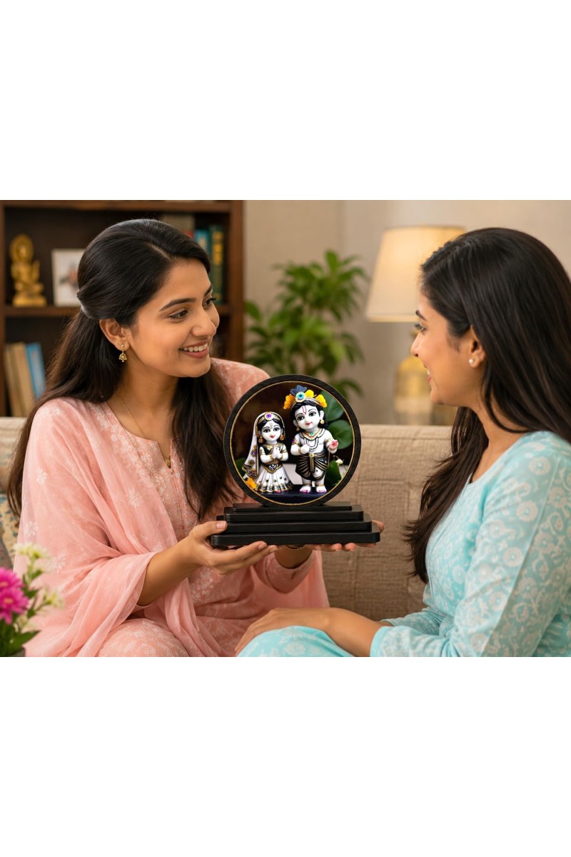 Car Dashboard Wooden Radhe Krishna Showpiece | 4 X 4.5 Inch Sublimation Printed Decorative Stand | 4 Mm MDF | Home Decor | Made in India (F33483)