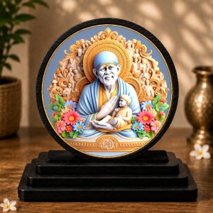 Car Dashboard Wooden Lord Sai Baba Ji Showpiece | 4 X 4.5 Inch Sublimation Printed Decorative Stand | 4 Mm MDF | Home Decor | Made in India (F33289)