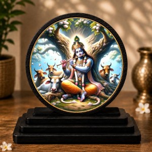 Car Dashboard Wooden Lord Krishna Showpiece | 4 X 4.5 Inch Sublimation Printed Decorative Stand | 4 Mm MDF | Home Decor | Made in India (F33618)