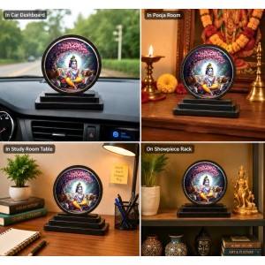 Car Dashboard Wooden Lord Krishna Showpiece | 4 X 4.5 Inch Sublimation Printed Decorative Stand | 4 Mm MDF | Home Decor | Made in India (F33643)