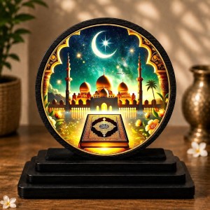 Car Dashboard Wooden Ramadan Night Showpiece | 4 X 4.5 Inch Sublimation Printed Decorative Stand | 4 Mm MDF | Home Decor | Made in India (F33307)