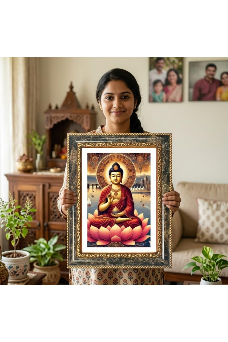 Buddha Decorative Photo Frame With White Mount | Premium Wall & Tabletop Picture Frame | Home, Office & Temple Decoration | 10x14 Inch (Pack Of 1) (F32691)