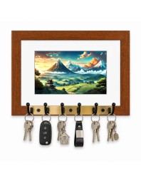 Decorative Wooden Photo Frame Key Hanger With Nature Picture, 12 X 8 Inch Wall Key Holder, 10 X 6 Inch Glossy Photo Frame, 6 Metal Hooks, Home Entrance Decor, Made In India (F38771)