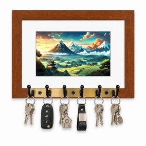 Decorative Wooden Photo Frame Key Hanger With Nature Picture, 12 X 8 Inch Wall Key Holder, 10 X 6 Inch Glossy Photo Frame, 6 Metal Hooks, Home Entrance Decor, Made In India (F38771)