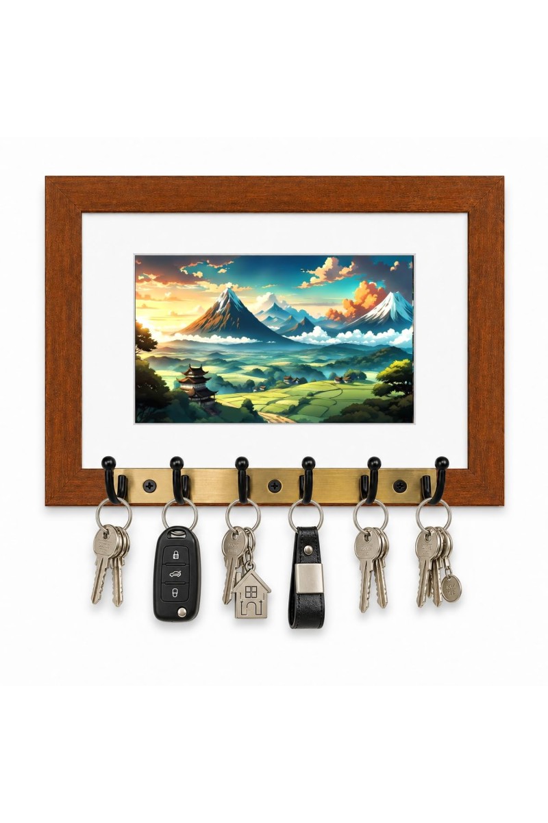Decorative Wooden Photo Frame Key Hanger With Nature Picture, 12 X 8 Inch Wall Key Holder, 10 X 6 Inch Glossy Photo Frame, 6 Metal Hooks, Home Entrance Decor, Made In India (F38771)