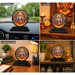 Car Dashboard Wooden Lord Vishnu Vishwaroop Showpiece | 4 X 4.5 Inch Sublimation Printed Decorative Stand | 4 Mm MDF | Home Decor | Made in India (F33644)