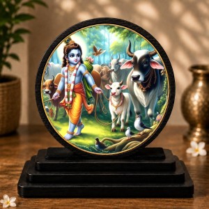 Car Dashboard Wooden Lord Krishna with Cows Showpiece | 4 X 4.5 Inch Sublimation Printed Decorative Stand | 4 Mm MDF | Home Decor | Made in India (F33750)