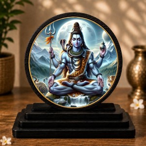 Car Dashboard Wooden Lord Shiva Showpiece | 4 X 4.5 Inch Sublimation Printed Decorative Stand | 4 Mm MDF | Home Decor | Made in India (F33692)