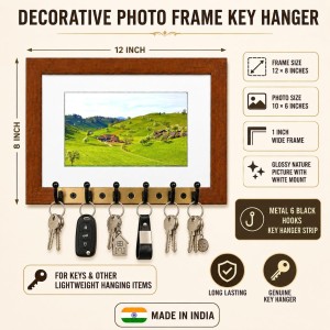 Decorative Wooden Photo Frame Key Hanger With Nature Picture, 12 X 8 Inch Wall Key Holder, 10 X 6 Inch Glossy Photo Frame, 6 Metal Hooks, Home Entrance Decor, Made In India (F38801)