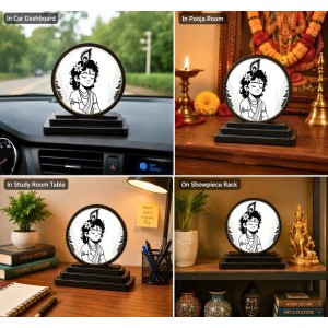 Car Dashboard Wooden Lord Krishna Showpiece | 4 X 4.5 Inch Sublimation Printed Decorative Stand | 4 Mm MDF | Home Decor | Made in India (F33280)