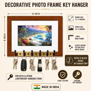 Decorative Wooden Photo Frame Key Hanger With Nature Picture, 12 X 8 Inch Wall Key Holder, 10 X 6 Inch Glossy Photo Frame, 6 Metal Hooks, Home Entrance Decor, Made In India (F38802)