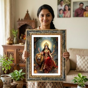 Goddess Durga Decorative Photo Frame With White Mount | Premium Wall & Tabletop Picture Frame | Home, Office & Temple Decoration | 8x12 Inch (Pack Of 1) (F31153)