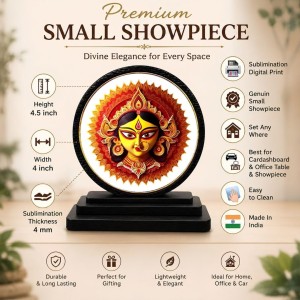 Car Dashboard Wooden Goddess Durga Showpiece | 4 X 4.5 Inch Sublimation Printed Decorative Stand | 4 Mm MDF | Home Decor | Made in India (F33594)