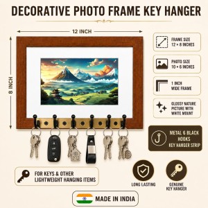Decorative Wooden Photo Frame Key Hanger With Nature Picture, 12 X 8 Inch Wall Key Holder, 10 X 6 Inch Glossy Photo Frame, 6 Metal Hooks, Home Entrance Decor, Made In India (F38771)