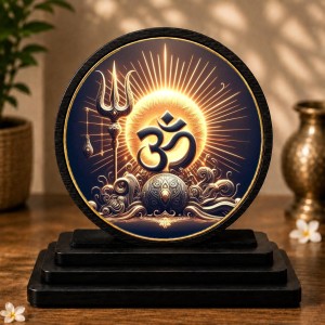 Car Dashboard Wooden Om Symbol Showpiece | 4 X 4.5 Inch Sublimation Printed Decorative Stand | 4 Mm MDF | Home Decor | Made in India (F33741)