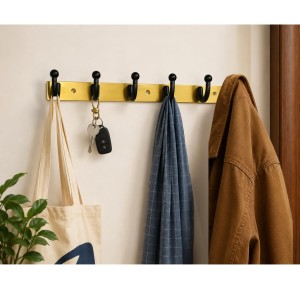 6-Hook Wall Mounted Coat Rack, Heavy Duty Metal Towel & Clothes Hanger with 3 Mounting Screws Included, Multipurpose Wall Hook for Entryway, Bathroom, Bedroom, Kitchen, Office â€“ Black & Gold