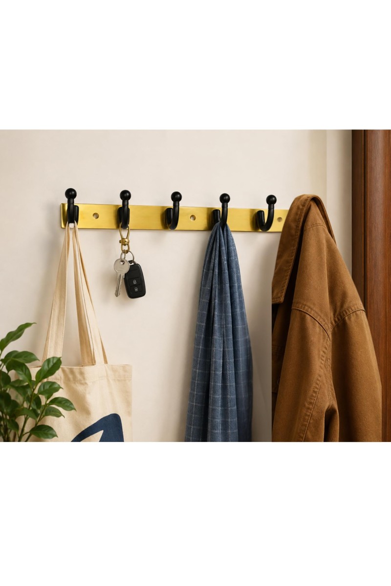 6-Hook Wall Mounted Coat Rack, Heavy Duty Metal Towel & Clothes Hanger with 3 Mounting Screws Included, Multipurpose Wall Hook for Entryway, Bathroom, Bedroom, Kitchen, Office â€“ Black & Gold