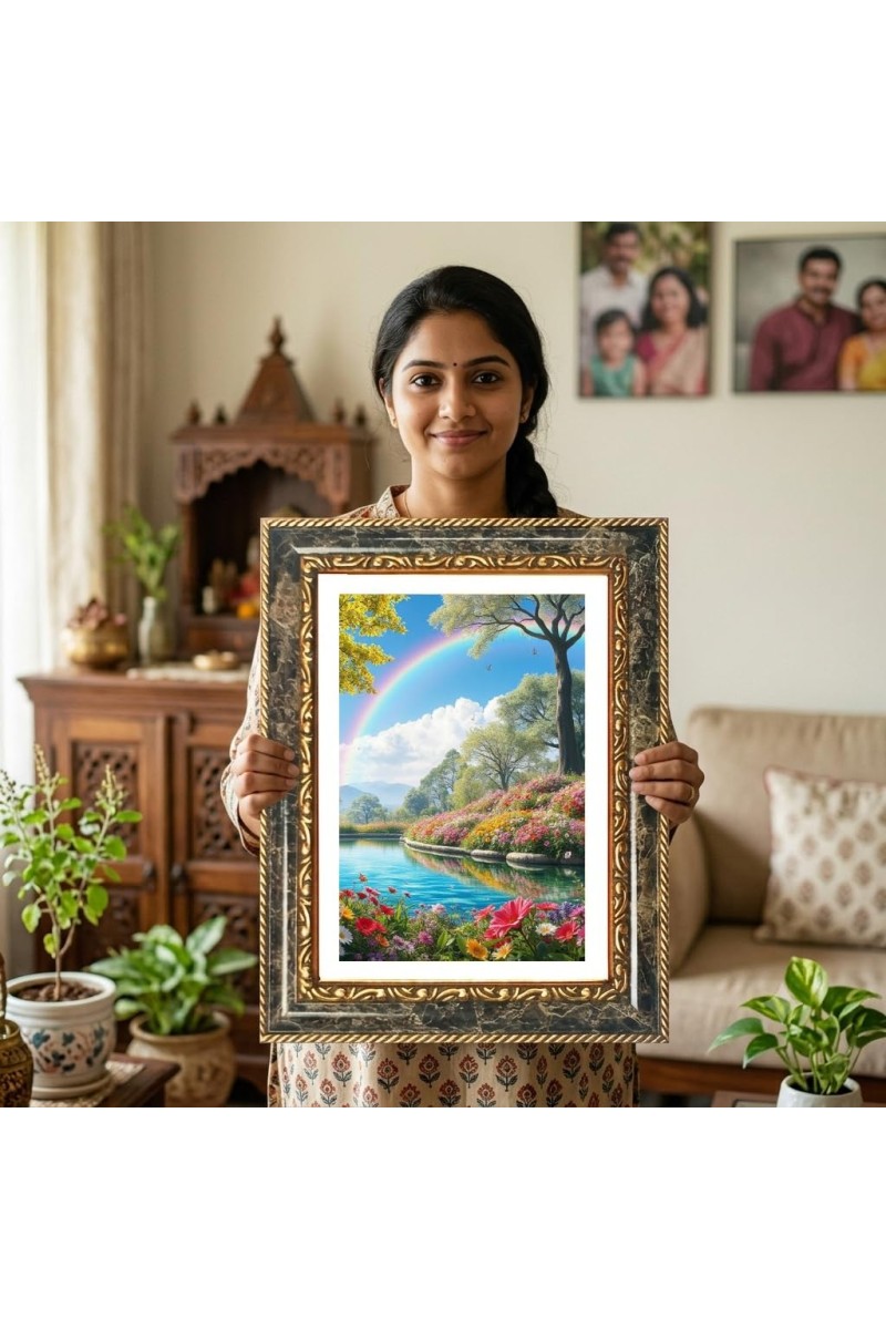 Mountain Lake Wall Art Decorative Photo Frame With White Mount | Premium Wall & Tabletop Picture Frame | Home, Office & Temple Decoration | 10x14 Inch (Pack Of 1) (F31394)