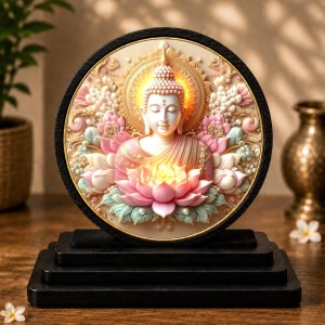 Car Dashboard Wooden Gautam Buddha Showpiece | 4 X 4.5 Inch Sublimation Printed Decorative Stand | 4 Mm MDF | Home Decor | Made in India (F33368)