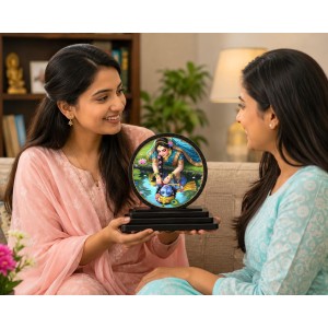 Car Dashboard Wooden Radhaa Krishna Showpiece | 4 X 4.5 Inch Sublimation Printed Decorative Stand | 4 Mm MDF | Home Decor | Made in India (F33740)