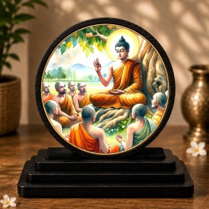 Car Dashboard Wooden Lord Buddha Instructing His Disciples Showpiece | 4 X 4.5 Inch Sublimation Printed Decorative Stand | 4 Mm MDF | Home Decor | Made in India (F33733)